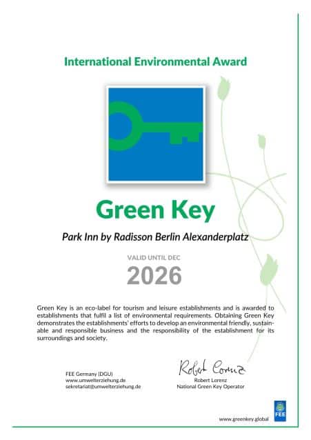 Nachhaltigkeitszertifikat GreenSign Hotel – Park Inn Berlin Alexanderplatz setzt auf umweltfreundliche Standards
